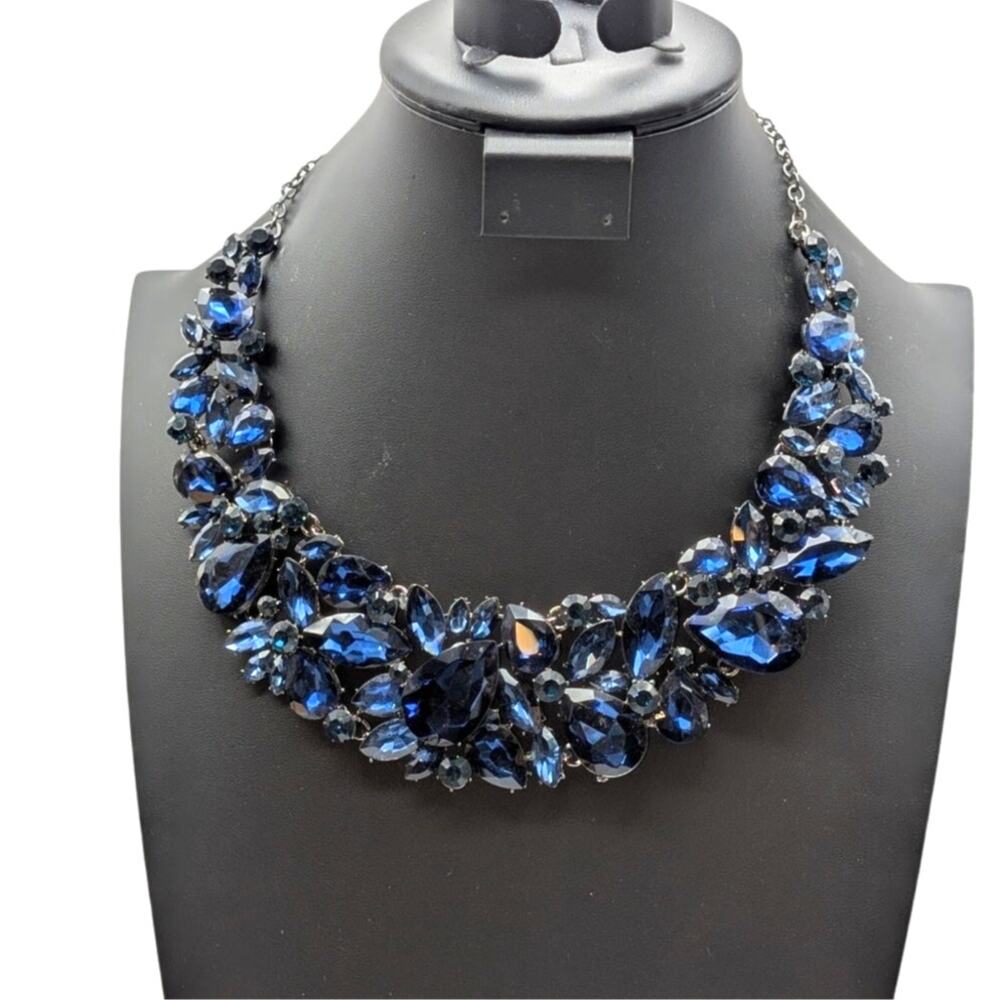 Large Blue Rhinestone Statement Necklace - Picture 4 of 8